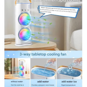 Portable Mini Air Cooler Fan for Room with 7-Color LED Light,(White Double Fan)
