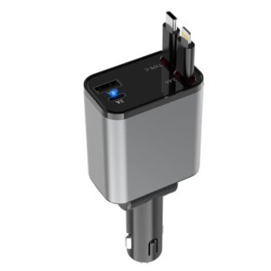 Retractable Car Charger, 69W Super Fast Car Charger with Cables, Type C & USB-A Ports, USB-C & L Retractable Cables (80cm),Compatible with iPhones,iPad, & Type C Android Phones